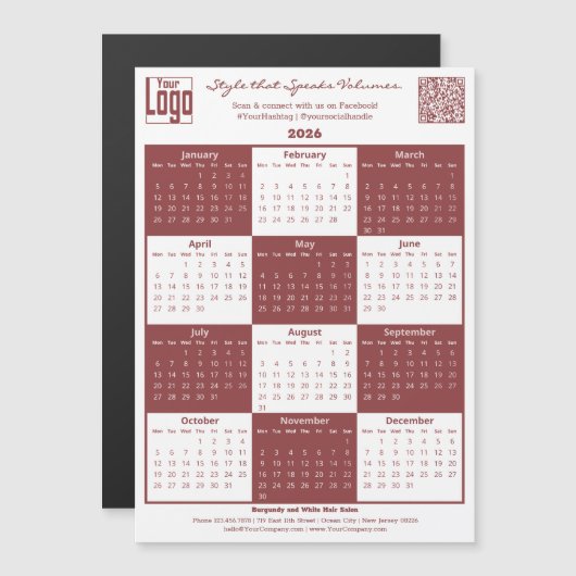 Burgundy White Logo QR-code 2026 Calendar Magnet (正面/裏面)
