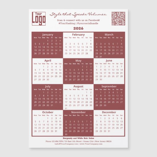 Burgundy White Logo QR-code 2026 Calendar Magnet (正面)