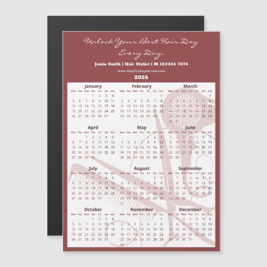 Burgundy White Salon Tools 2026 Calendar Magnet (正面/裏面)