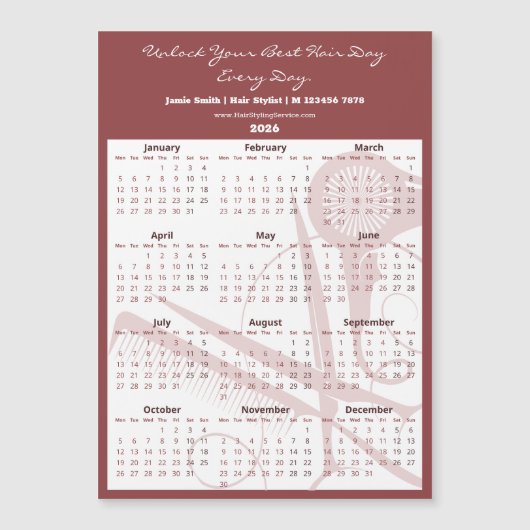 Burgundy White Salon Tools 2026 Calendar Magnet (正面)