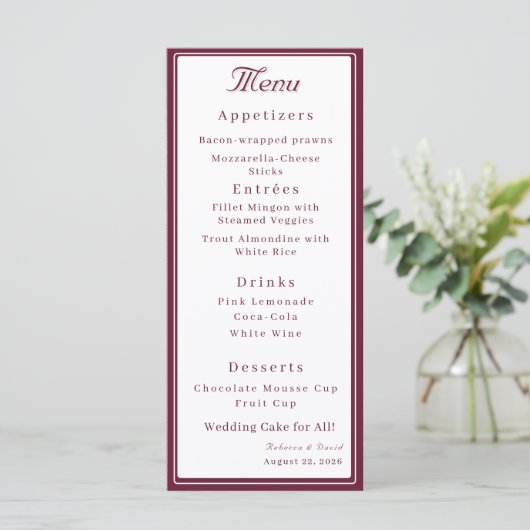 Burgundy & White Two Hearts Catholic Wedding メニュー (スタンド正面)