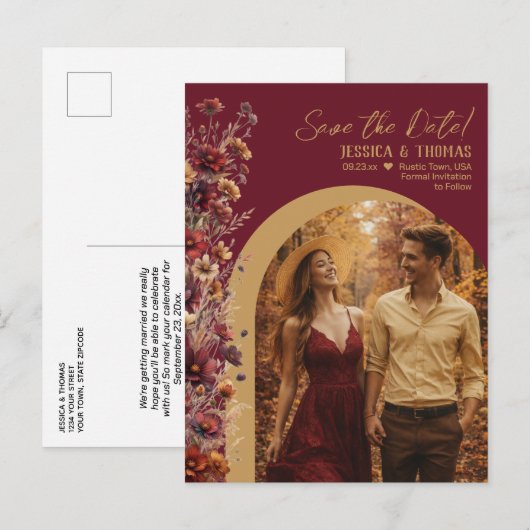 Burgundy Wildflowers Photo Wedding Save the Date 案内ポストカード (正面/裏面)