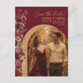 Burgundy Wildflowers Photo Wedding Save the Date 案内ポストカード (正面)