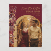 Burgundy Wildflowers Photo Wedding Save the Date 案内ポストカード (正面)