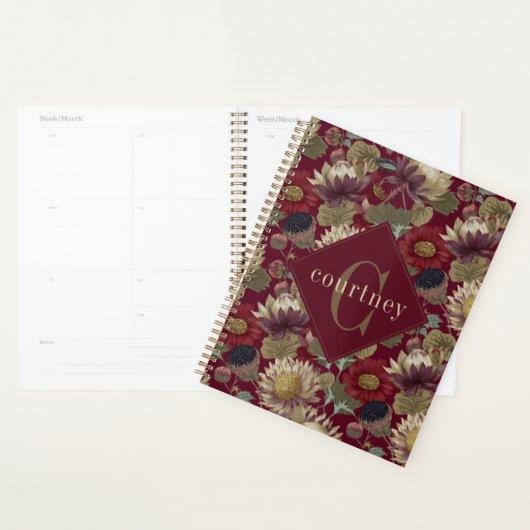 Burgundy William Morris Floral Elegant Monogram  プランナー手帳 (ディスプレー)