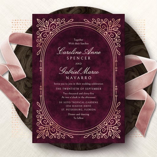Burgundy Wine Art Deco Wedding 箔招待状