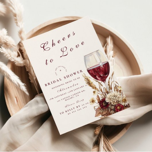 Burgundy Wine Glass Floral Bridal Shower 招待状