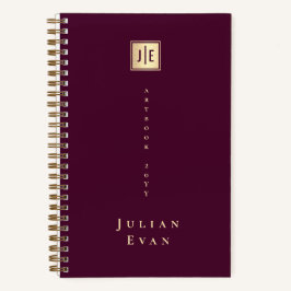 Burgundy Wine Shiny Gold Elegant Monogram ノートブック