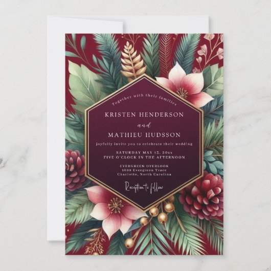 Burgundy Winter Botanical Wedding 招待状 (正面)