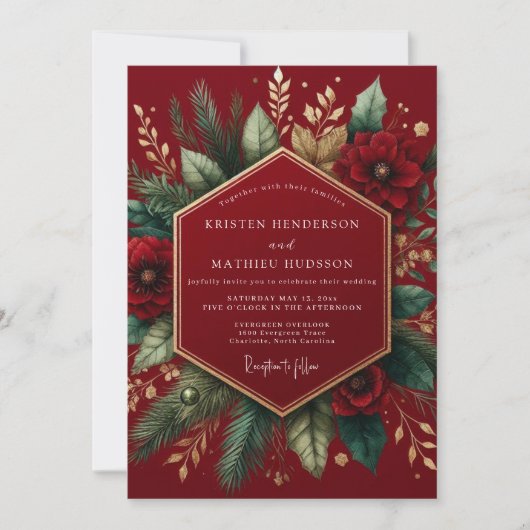 Burgundy Winter Botanical Wedding 招待状 (正面)