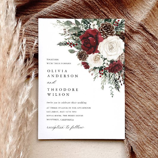 Burgundy Winter Floral Elegant Wedding 招待状