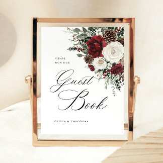Burgundy Winter Floral Guest Book Wedding Table 台座サイン