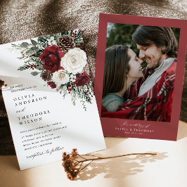 Burgundy Winter Floral Photo Back Wedding 招待状