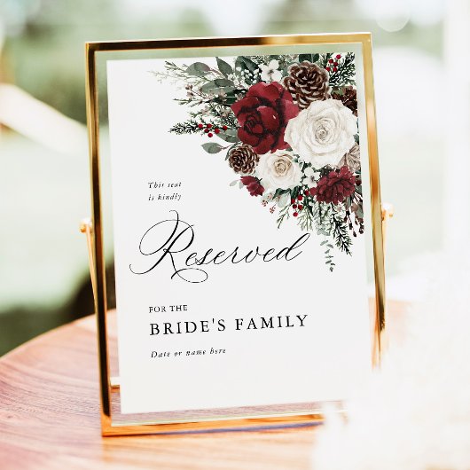 Burgundy Winter Floral Reserved Seat Sign 5x7 ポスター