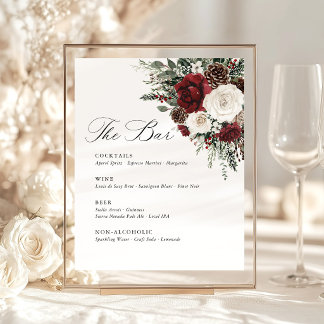 Burgundy Winter Floral Wedding Bar Menu 台座サイン