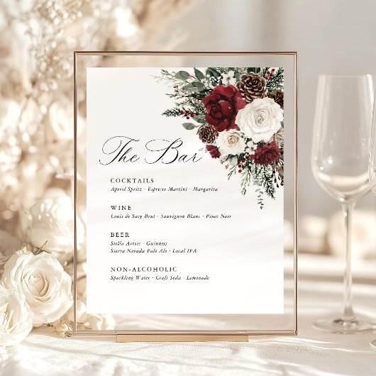Burgundy Winter Floral Wedding Bar Menu 台座サイン