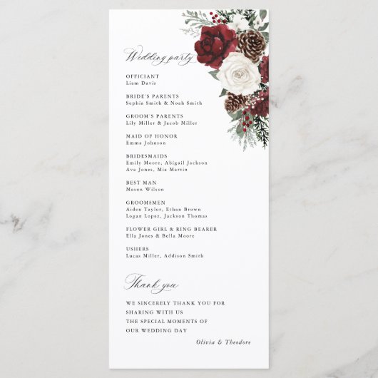 Burgundy Winter Floral Wedding Ceremony Program プログラム (裏面)