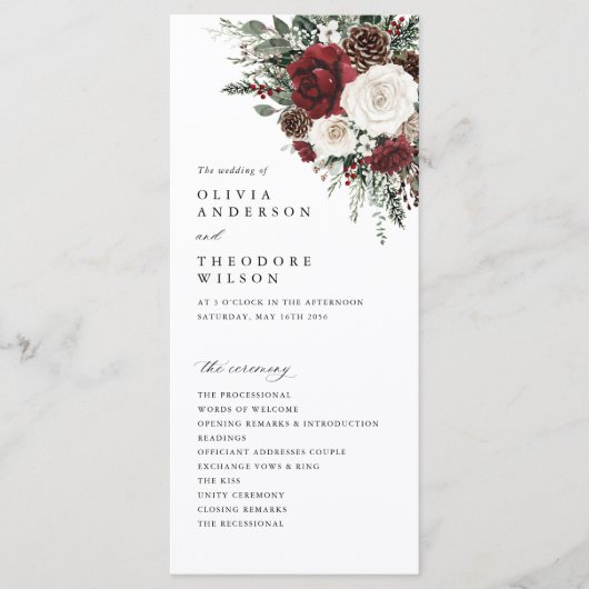Burgundy Winter Floral Wedding Ceremony Program プログラム (正面)