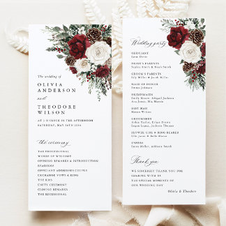 Burgundy Winter Floral Wedding Ceremony Program プログラム