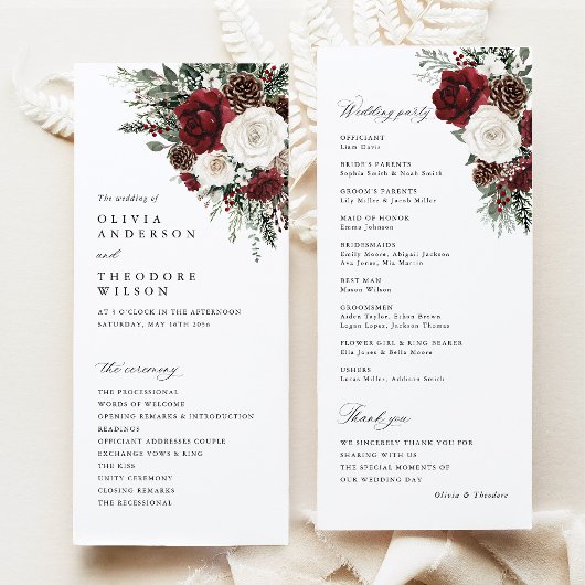 Burgundy Winter Floral Wedding Ceremony Program プログラム