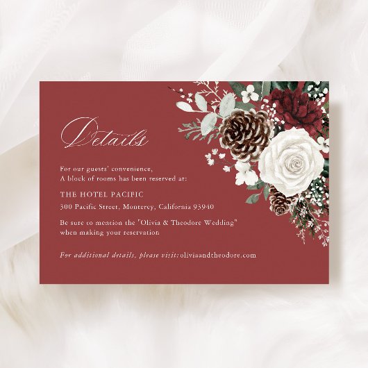 Burgundy Winter Floral Wedding Hotel Details エンクロージャーカード