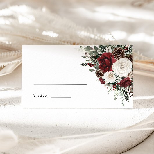 Burgundy Winter Floral Wedding Name Place Card プレイスカード