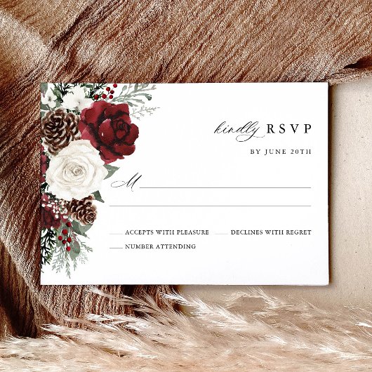 Burgundy Winter Floral Wedding RSVP Card