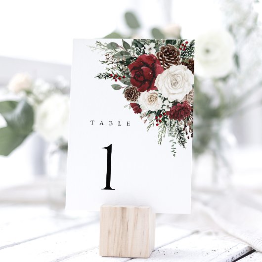 Burgundy Winter Floral Wedding Table Numbers 