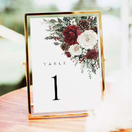 Burgundy Winter Floral Wedding Table Numbers 
