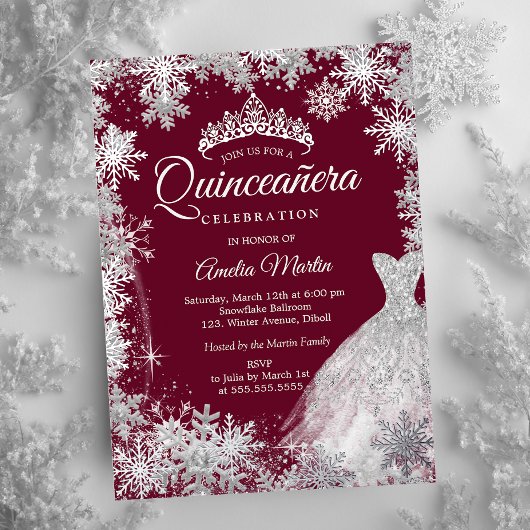 Burgundy Winter Snowflake Dress Quinceanera 箔招待状