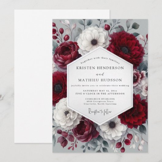 Burgundy Wintry Anemone Wedding 招待状 (正面/裏面)