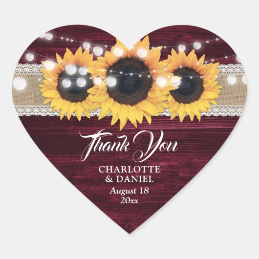 Burgundy Wood Burlap Lace Sunflower Wedding Favor ハートシール (正面)