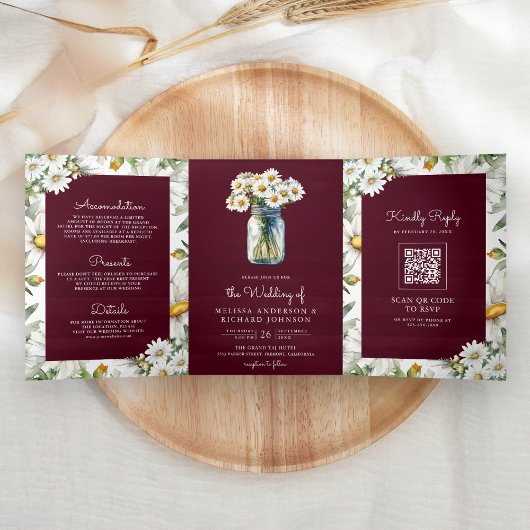 Burgundy Wood Daisies Mason Jar QR Code Wedding 三つ折り招待状