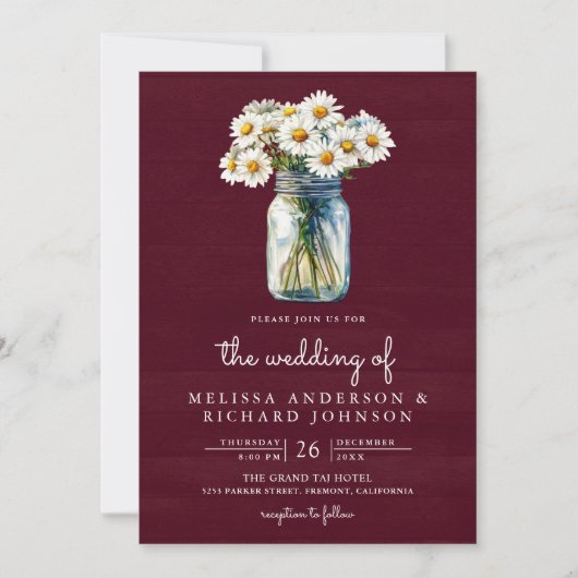 Burgundy Wood Daisies Mason Jar QR Code Wedding 招待状 (正面)