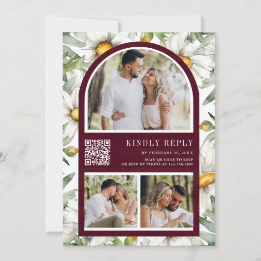 Burgundy Wood Daisies Mason Jar QR Code Wedding 招待状 (裏面)