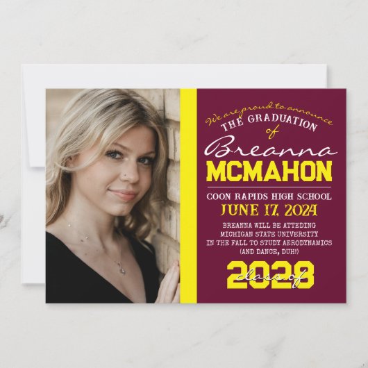 Burgundy & Yellow卒業写真のお知らせ 招待状 (正面)