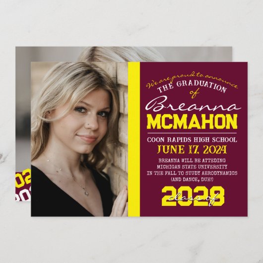 Burgundy & Yellow卒業2写真のお知らせ 招待状 (正面/裏面)