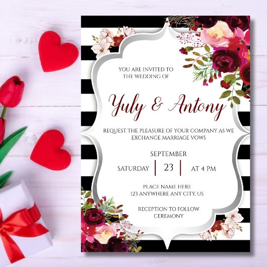 Burguny Template Invitación boda rojo borgoña  招待状