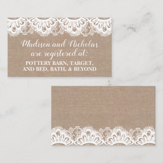 BurlapおよびLaceレジストリ挿入カード素朴、 名刺 (正面/裏面)