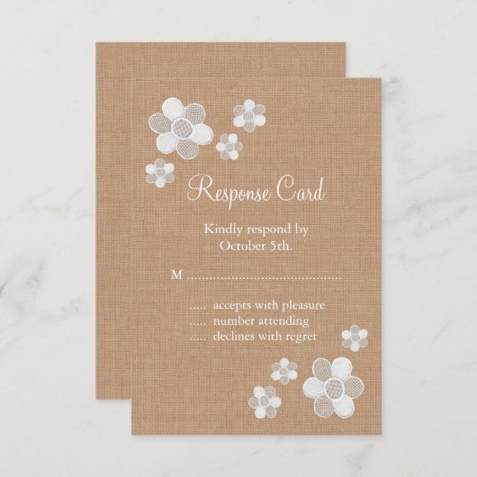 Burlapかわいらしに花をレースRSVP 出欠カード (正面/裏面)