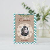 BurlapとAqua Chevronクリスマスフォトカード シーズンポストカード (スタンド正面)