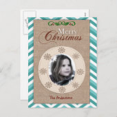 BurlapとAqua Chevronクリスマスフォトカード シーズンポストカード (正面/裏面)