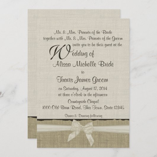 BurlapとBoxesカントリー素朴ウェディング 招待状 (正面/裏面)
