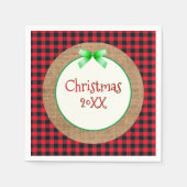 BurlapとRed Buffalo Plaidの日付クリスマス スタンダードカクテルナプキン (正面)