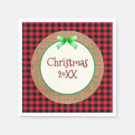 BurlapとRed Buffalo Plaidの日付クリスマス スタンダードカクテルナプキン