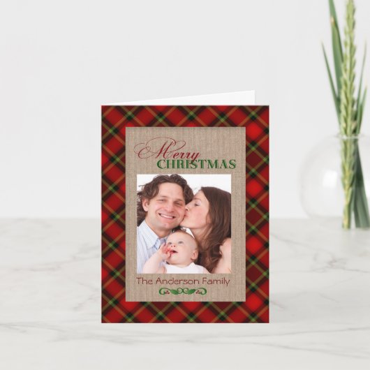 BurlapとRed Plaidクリスマスフォトカード シーズンカード (正面)