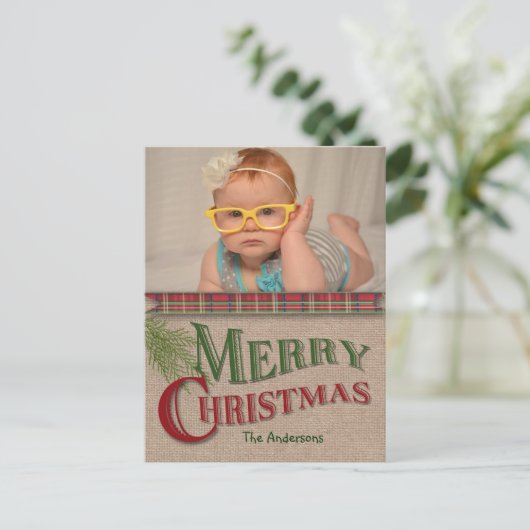 BurlapとRed Plaidクリスマスフォトカード シーズンポストカード (スタンド正面)