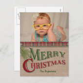 BurlapとRed Plaidクリスマスフォトカード シーズンポストカード (正面/裏面)