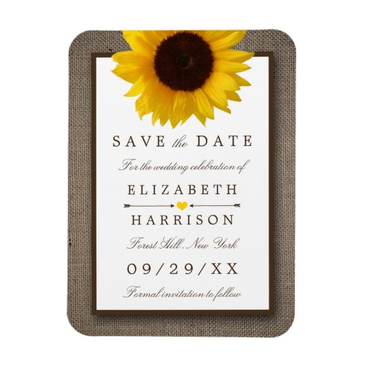 Burlapに素朴ある国産ひまわり日付を保存 マグネット (縦)