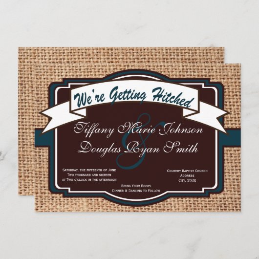 Burlapのヒッチ結婚式招待状素朴の取得 招待状 (正面/裏面)
